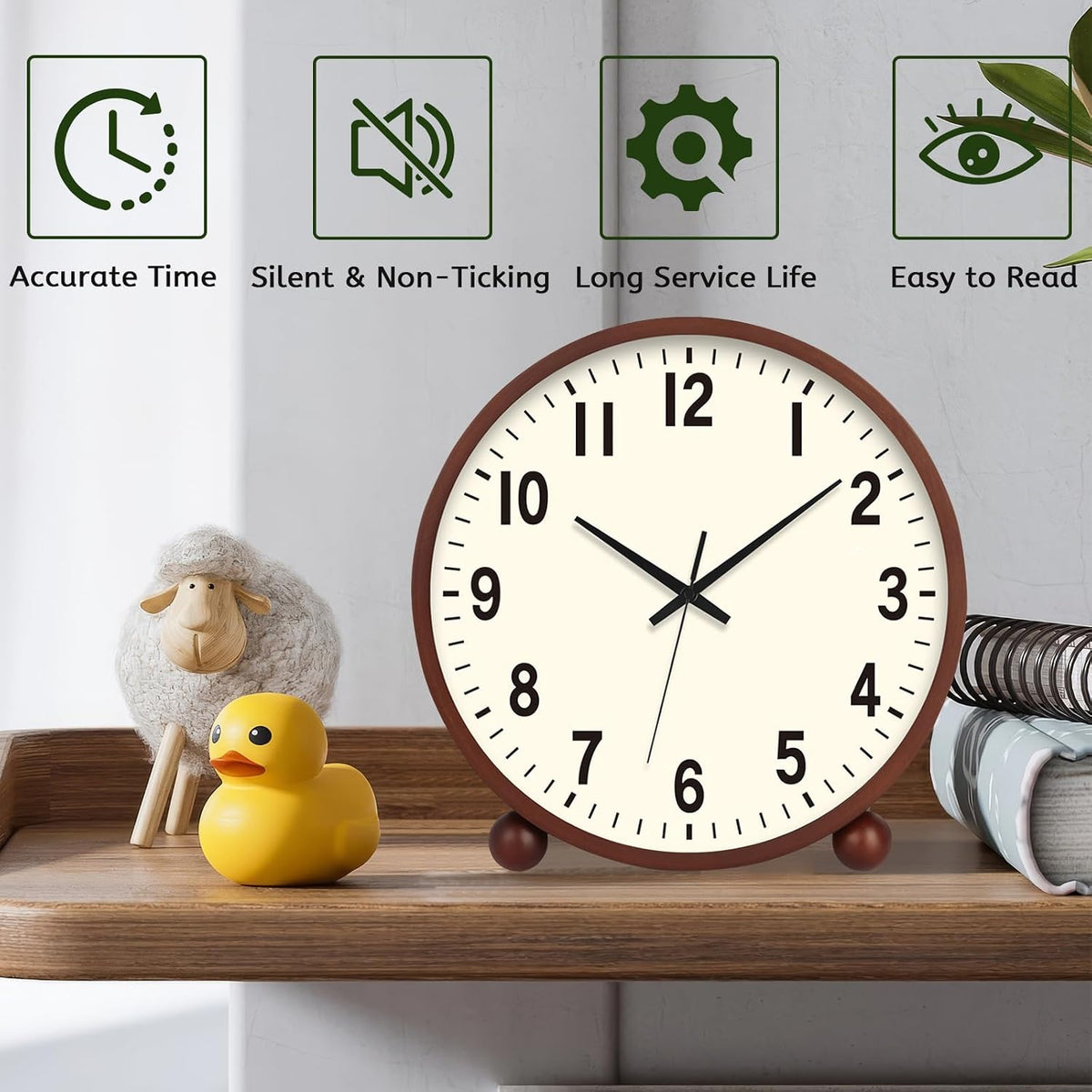 Wooden Table Clock,8in Silent Non-Ticking Desk Clock,Battery Operated Desktop Analog Clock for Living Room Bedroom Kitchen Office Classroom Decor (Walnut)