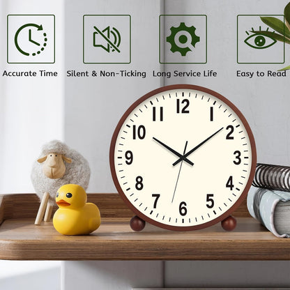 Wooden Table Clock,8in Silent Non-Ticking Desk Clock,Battery Operated Desktop Analog Clock for Living Room Bedroom Kitchen Office Classroom Decor (Walnut)
