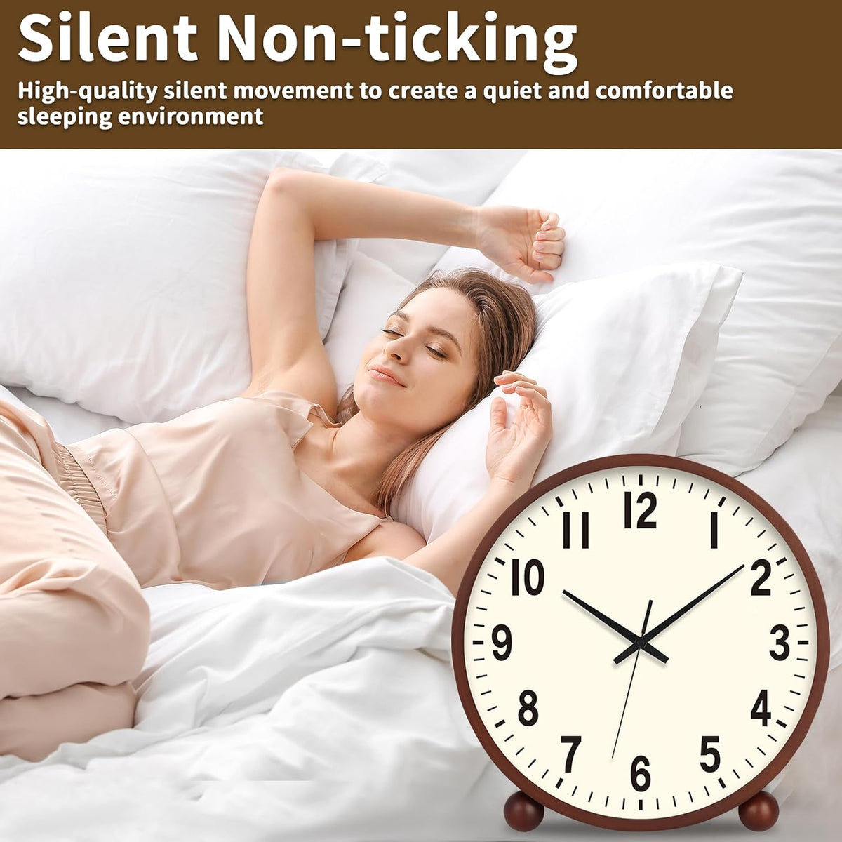 Wooden Table Clock,8in Silent Non-Ticking Desk Clock,Battery Operated Desktop Analog Clock for Living Room Bedroom Kitchen Office Classroom Decor (Walnut)
