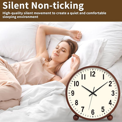 Wooden Table Clock,8in Silent Non-Ticking Desk Clock,Battery Operated Desktop Analog Clock for Living Room Bedroom Kitchen Office Classroom Decor (Walnut)