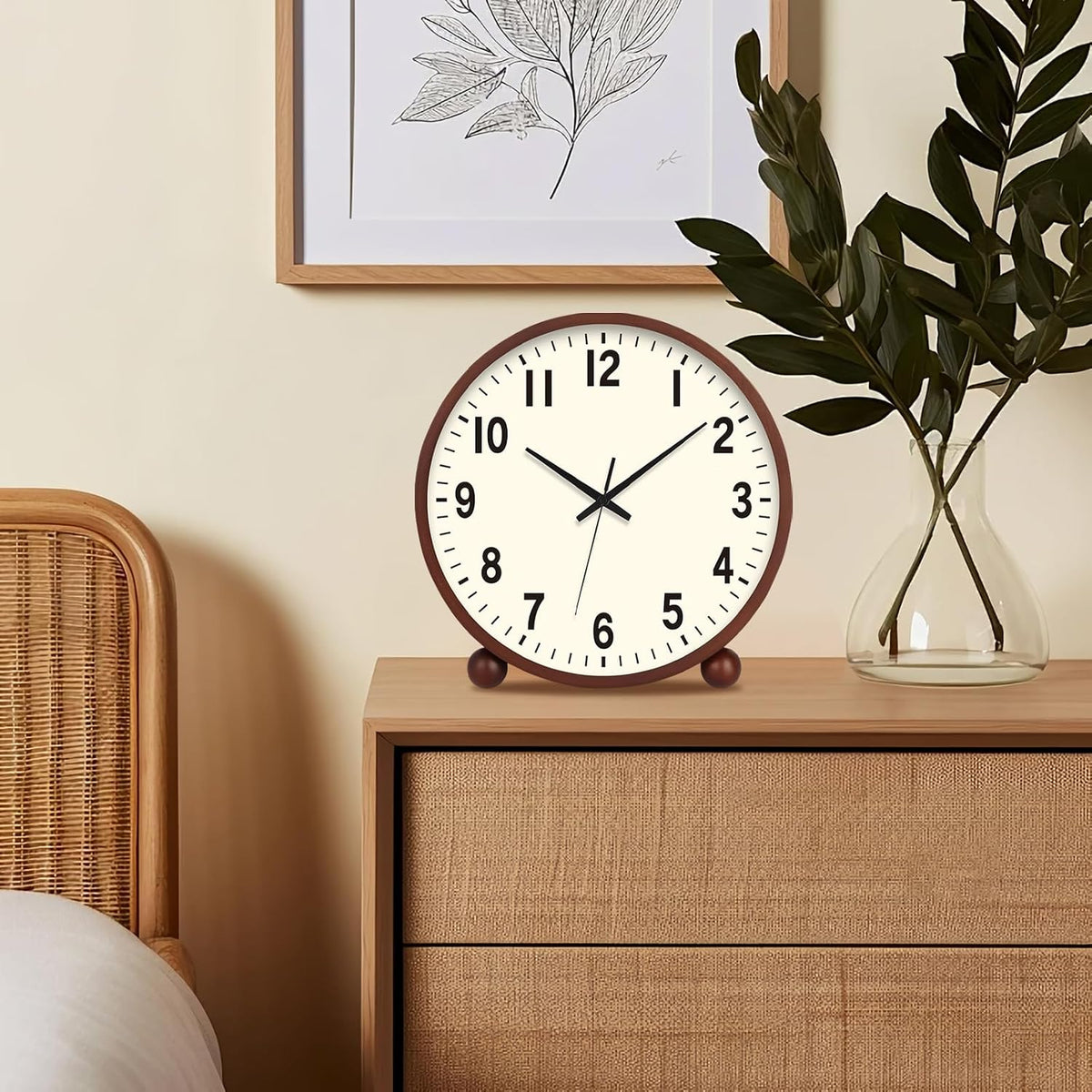 Wooden Table Clock,8in Silent Non-Ticking Desk Clock,Battery Operated Desktop Analog Clock for Living Room Bedroom Kitchen Office Classroom Decor (Walnut)