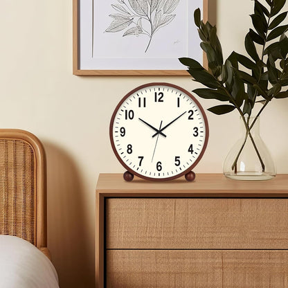 Wooden Table Clock,8in Silent Non-Ticking Desk Clock,Battery Operated Desktop Analog Clock for Living Room Bedroom Kitchen Office Classroom Decor (Walnut)