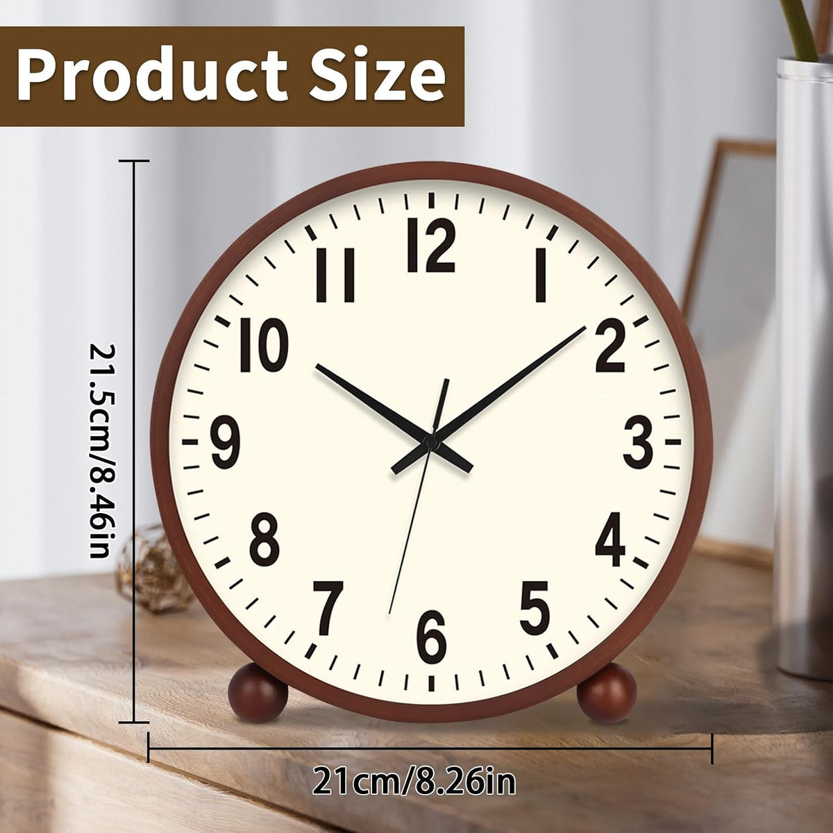 Wooden Table Clock,8in Silent Non-Ticking Desk Clock,Battery Operated Desktop Analog Clock for Living Room Bedroom Kitchen Office Classroom Decor (Walnut)