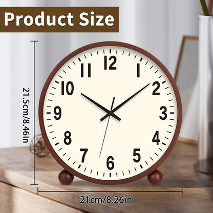 Wooden Table Clock,8in Silent Non-Ticking Desk Clock,Battery Operated Desktop Analog Clock for Living Room Bedroom Kitchen Office Classroom Decor (Walnut)