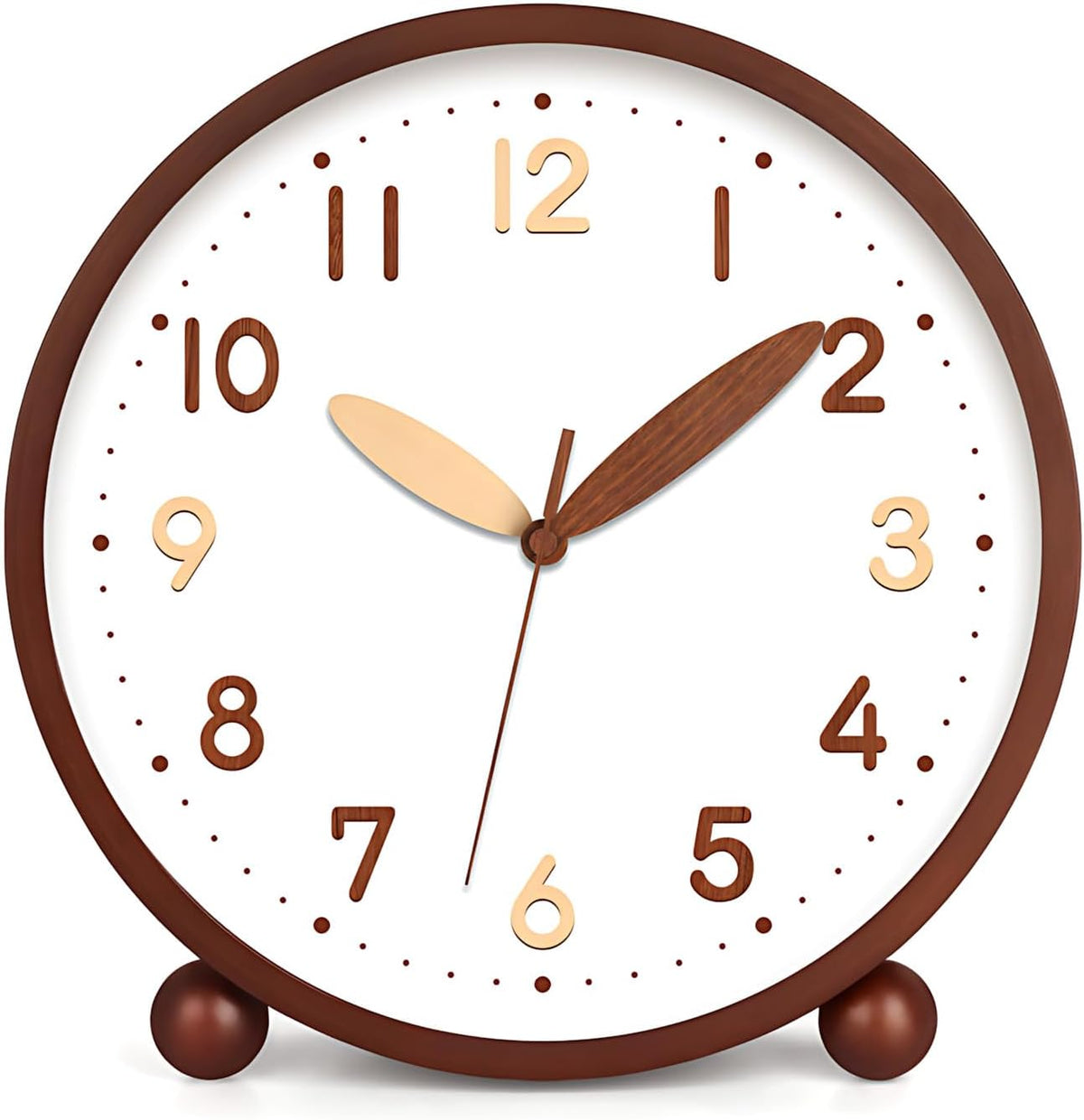 Wooden Table Clock,8in Silent Non-Ticking Desk Clock,Battery Operated Desktop Analog Clock for Living Room Bedroom Kitchen Office Classroom Decor (Walnut)