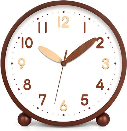 Wooden Table Clock,8in Silent Non-Ticking Desk Clock,Battery Operated Desktop Analog Clock for Living Room Bedroom Kitchen Office Classroom Decor (Walnut)