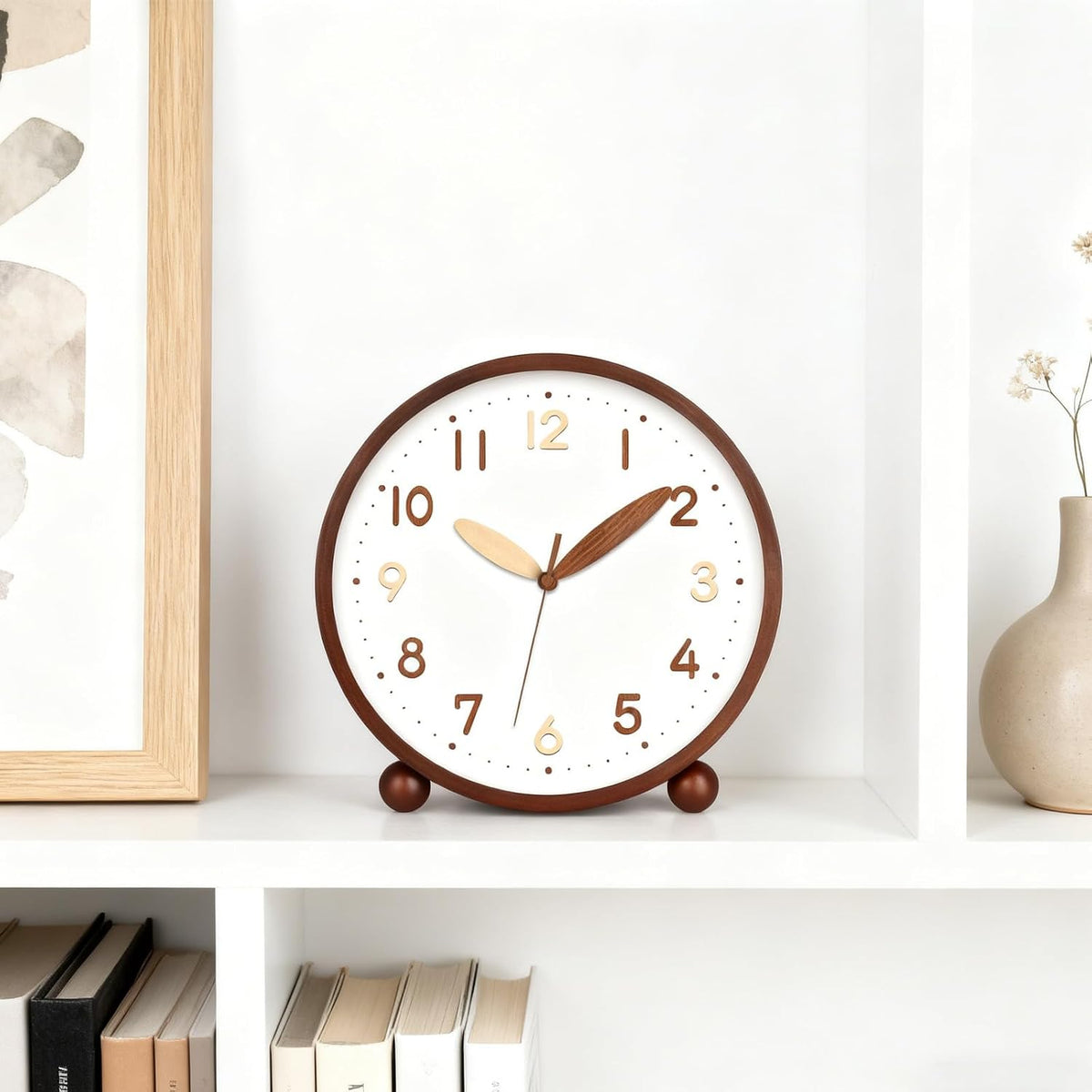 Wooden Table Clock,8in Silent Non-Ticking Desk Clock,Battery Operated Desktop Analog Clock for Living Room Bedroom Kitchen Office Classroom Decor (Walnut)