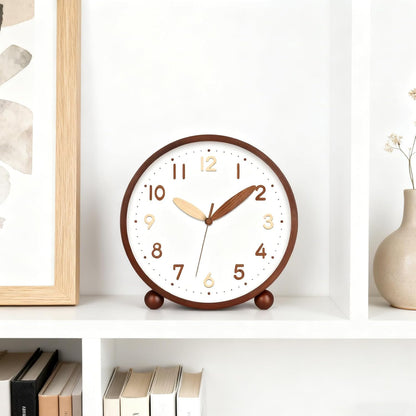 Wooden Table Clock,8in Silent Non-Ticking Desk Clock,Battery Operated Desktop Analog Clock for Living Room Bedroom Kitchen Office Classroom Decor (Walnut)