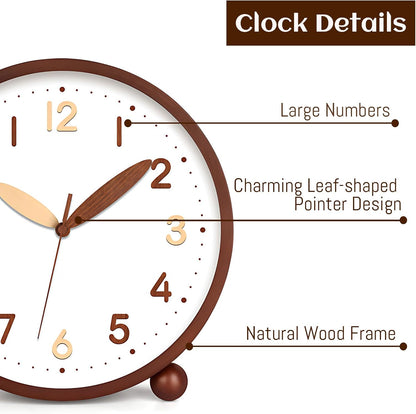 Wooden Table Clock,8in Silent Non-Ticking Desk Clock,Battery Operated Desktop Analog Clock for Living Room Bedroom Kitchen Office Classroom Decor (Walnut)