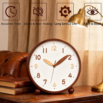 Wooden Table Clock,8in Silent Non-Ticking Desk Clock,Battery Operated Desktop Analog Clock for Living Room Bedroom Kitchen Office Classroom Decor (Walnut)