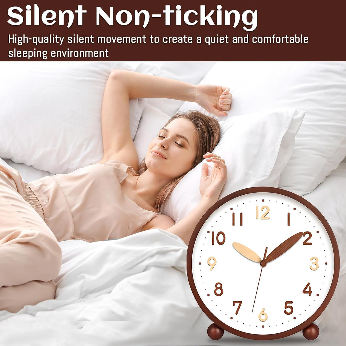 Wooden Table Clock,8in Silent Non-Ticking Desk Clock,Battery Operated Desktop Analog Clock for Living Room Bedroom Kitchen Office Classroom Decor (Walnut)