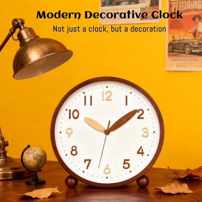 Wooden Table Clock,8in Silent Non-Ticking Desk Clock,Battery Operated Desktop Analog Clock for Living Room Bedroom Kitchen Office Classroom Decor (Walnut)