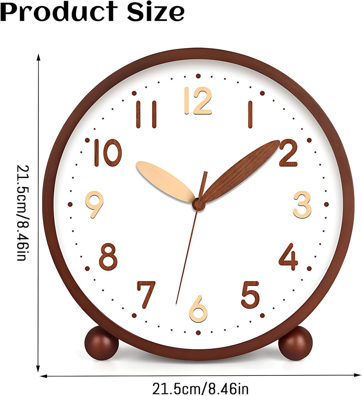 Wooden Table Clock,8in Silent Non-Ticking Desk Clock,Battery Operated Desktop Analog Clock for Living Room Bedroom Kitchen Office Classroom Decor (Walnut)