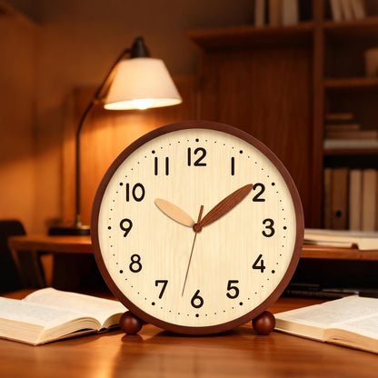 Wooden Table Clock,8in Silent Non-Ticking Desk Clock,Battery Operated Desktop Analog Clock for Living Room Bedroom Kitchen Office Classroom Decor (Walnut)