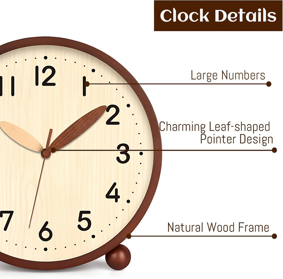 Wooden Table Clock,8in Silent Non-Ticking Desk Clock,Battery Operated Desktop Analog Clock for Living Room Bedroom Kitchen Office Classroom Decor (Walnut)