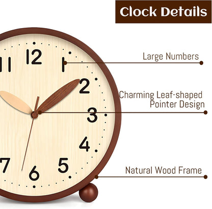 Wooden Table Clock,8in Silent Non-Ticking Desk Clock,Battery Operated Desktop Analog Clock for Living Room Bedroom Kitchen Office Classroom Decor (Walnut)