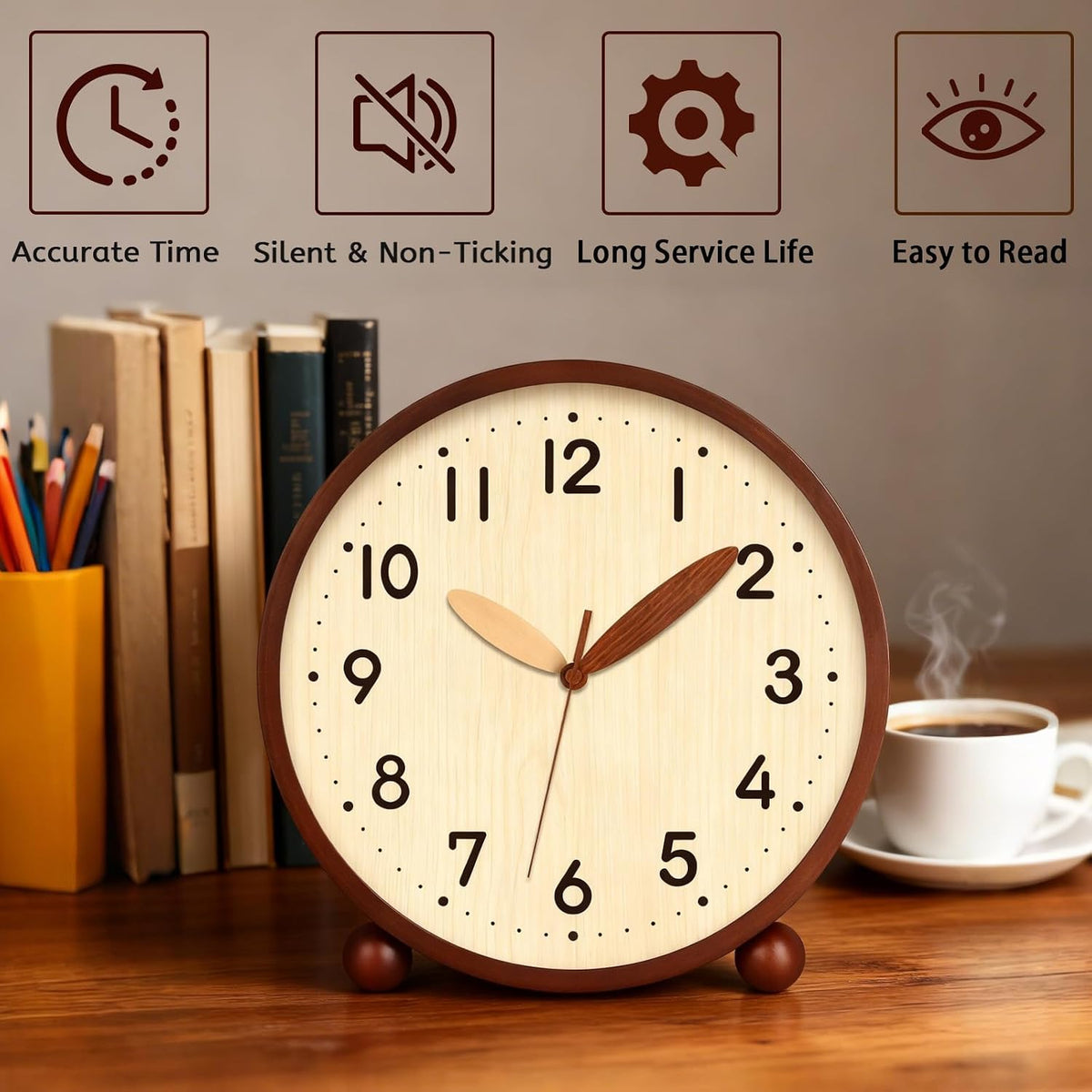Wooden Table Clock,8in Silent Non-Ticking Desk Clock,Battery Operated Desktop Analog Clock for Living Room Bedroom Kitchen Office Classroom Decor (Walnut)