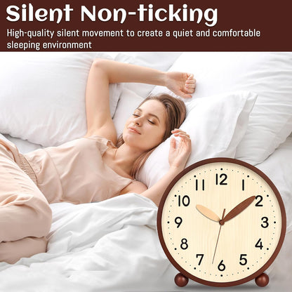 Wooden Table Clock,8in Silent Non-Ticking Desk Clock,Battery Operated Desktop Analog Clock for Living Room Bedroom Kitchen Office Classroom Decor (Walnut)