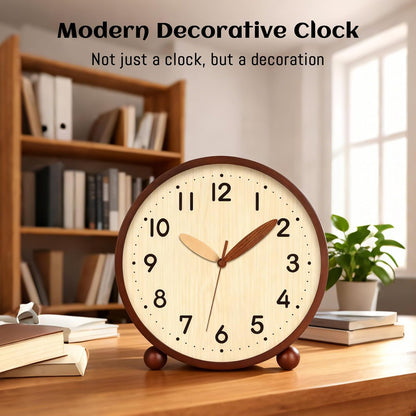 Wooden Table Clock,8in Silent Non-Ticking Desk Clock,Battery Operated Desktop Analog Clock for Living Room Bedroom Kitchen Office Classroom Decor (Walnut)