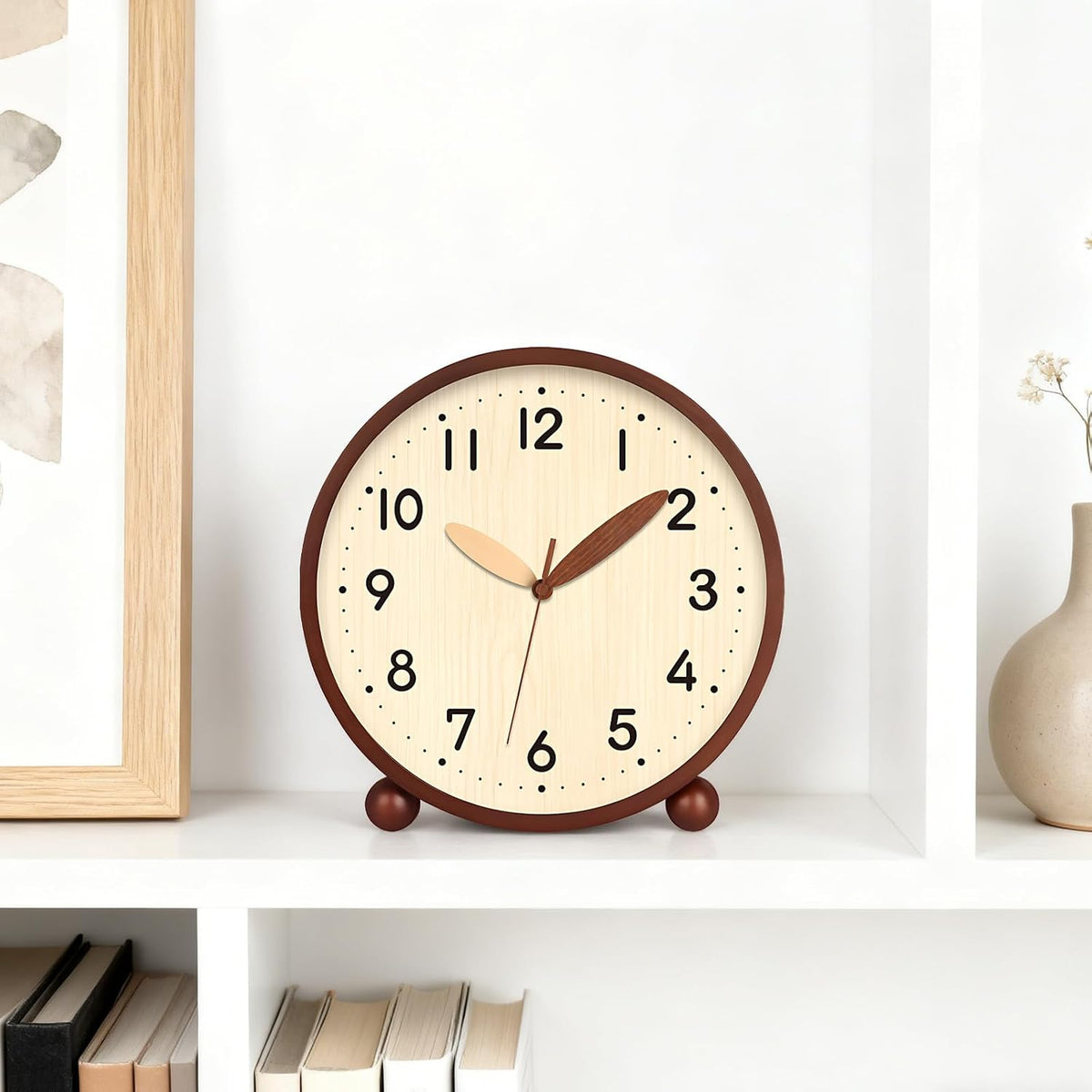 Wooden Table Clock,8in Silent Non-Ticking Desk Clock,Battery Operated Desktop Analog Clock for Living Room Bedroom Kitchen Office Classroom Decor (Walnut)