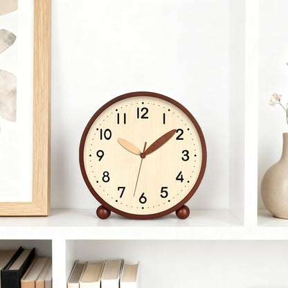 Wooden Table Clock,8in Silent Non-Ticking Desk Clock,Battery Operated Desktop Analog Clock for Living Room Bedroom Kitchen Office Classroom Decor (Walnut)