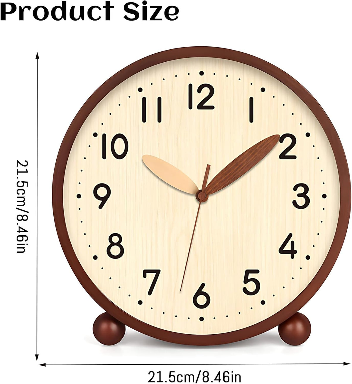 Wooden Table Clock,8in Silent Non-Ticking Desk Clock,Battery Operated Desktop Analog Clock for Living Room Bedroom Kitchen Office Classroom Decor (Walnut)
