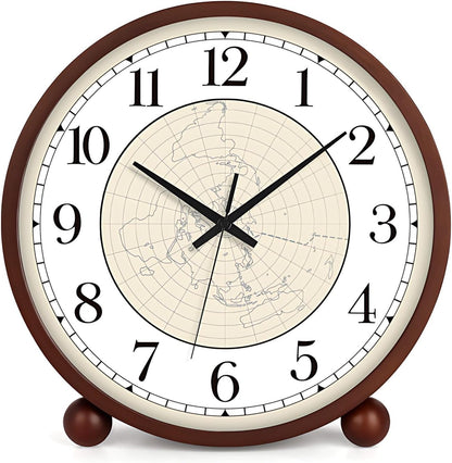 Wooden Table Clock,8in Silent Non-Ticking Desk Clock,Battery Operated Desktop Analog Clock for Living Room Bedroom Kitchen Office Classroom Decor (Walnut)