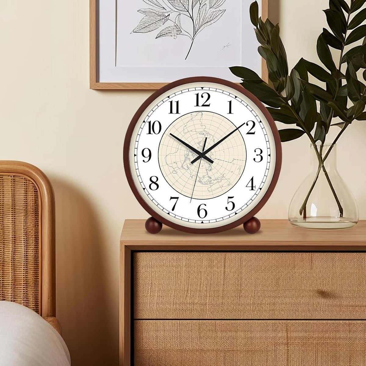 Wooden Table Clock,8in Silent Non-Ticking Desk Clock,Battery Operated Desktop Analog Clock for Living Room Bedroom Kitchen Office Classroom Decor (Walnut)