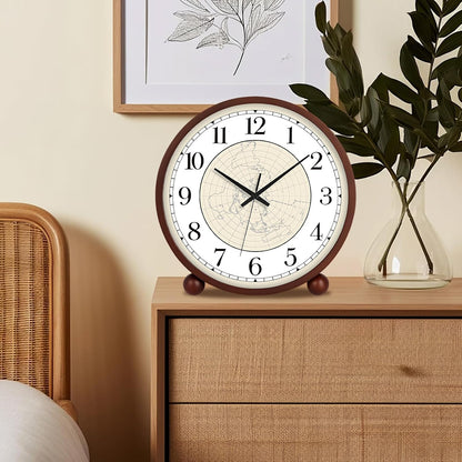 Wooden Table Clock,8in Silent Non-Ticking Desk Clock,Battery Operated Desktop Analog Clock for Living Room Bedroom Kitchen Office Classroom Decor (Walnut)