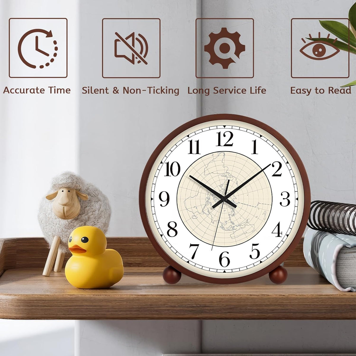 Wooden Table Clock,8in Silent Non-Ticking Desk Clock,Battery Operated Desktop Analog Clock for Living Room Bedroom Kitchen Office Classroom Decor (Walnut)