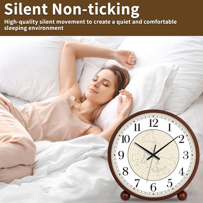 Wooden Table Clock,8in Silent Non-Ticking Desk Clock,Battery Operated Desktop Analog Clock for Living Room Bedroom Kitchen Office Classroom Decor (Walnut)