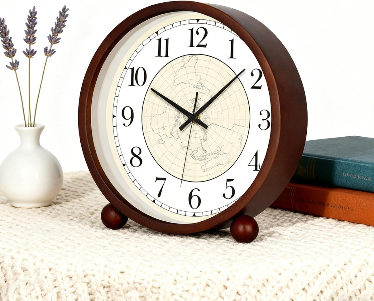 Wooden Table Clock,8in Silent Non-Ticking Desk Clock,Battery Operated Desktop Analog Clock for Living Room Bedroom Kitchen Office Classroom Decor (Walnut)