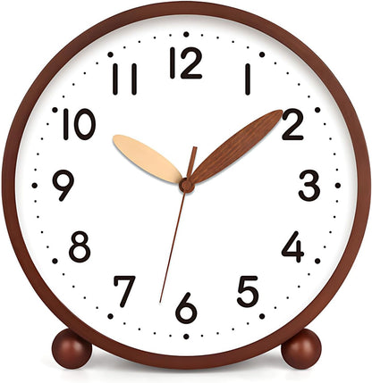 Wooden Table Clock,8in Silent Non-Ticking Desk Clock,Battery Operated Desktop Analog Clock for Living Room Bedroom Kitchen Office Classroom Decor (Walnut)
