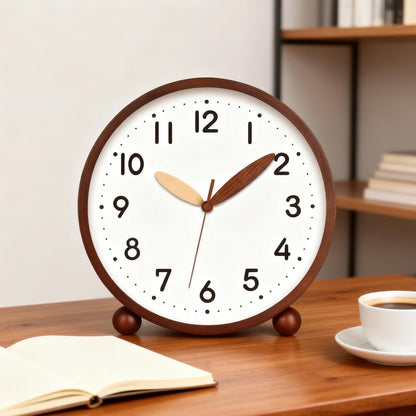 Wooden Table Clock,8in Silent Non-Ticking Desk Clock,Battery Operated Desktop Analog Clock for Living Room Bedroom Kitchen Office Classroom Decor (Walnut)