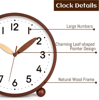Wooden Table Clock,8in Silent Non-Ticking Desk Clock,Battery Operated Desktop Analog Clock for Living Room Bedroom Kitchen Office Classroom Decor (Walnut)