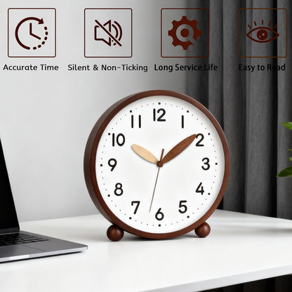 Wooden Table Clock,8in Silent Non-Ticking Desk Clock,Battery Operated Desktop Analog Clock for Living Room Bedroom Kitchen Office Classroom Decor (Walnut)