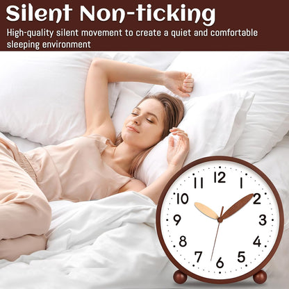 Wooden Table Clock,8in Silent Non-Ticking Desk Clock,Battery Operated Desktop Analog Clock for Living Room Bedroom Kitchen Office Classroom Decor (Walnut)