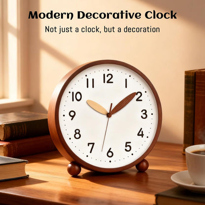 Wooden Table Clock,8in Silent Non-Ticking Desk Clock,Battery Operated Desktop Analog Clock for Living Room Bedroom Kitchen Office Classroom Decor (Walnut)