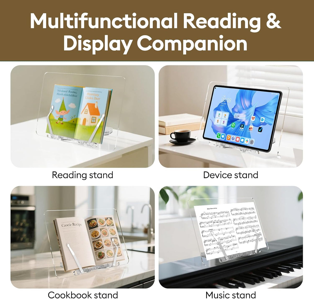 Large Adjustable Acrylic Book Stand, Multifunctional Cookbook Holder & Folding Sheet Music Stand, Desktop Easel with Clipboard for Kitchen, Office, Reading, Anti-Slip Portable Display
