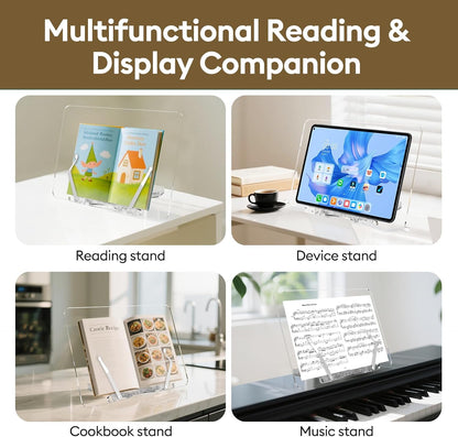 Large Adjustable Acrylic Book Stand, Multifunctional Cookbook Holder & Folding Sheet Music Stand, Desktop Easel with Clipboard for Kitchen, Office, Reading, Anti-Slip Portable Display