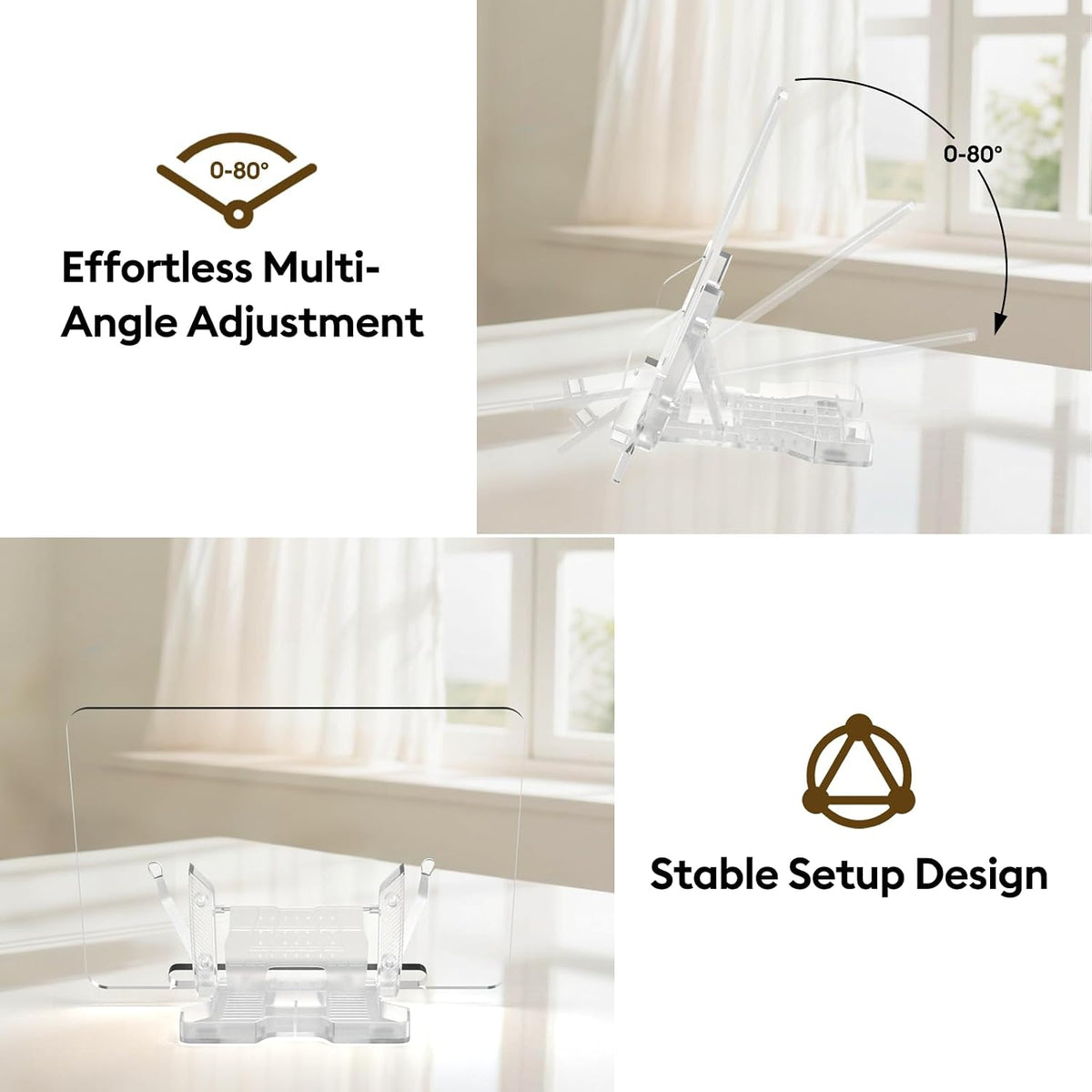 Large Adjustable Acrylic Book Stand, Multifunctional Cookbook Holder & Folding Sheet Music Stand, Desktop Easel with Clipboard for Kitchen, Office, Reading, Anti-Slip Portable Display