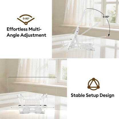 Large Adjustable Acrylic Book Stand, Multifunctional Cookbook Holder & Folding Sheet Music Stand, Desktop Easel with Clipboard for Kitchen, Office, Reading, Anti-Slip Portable Display