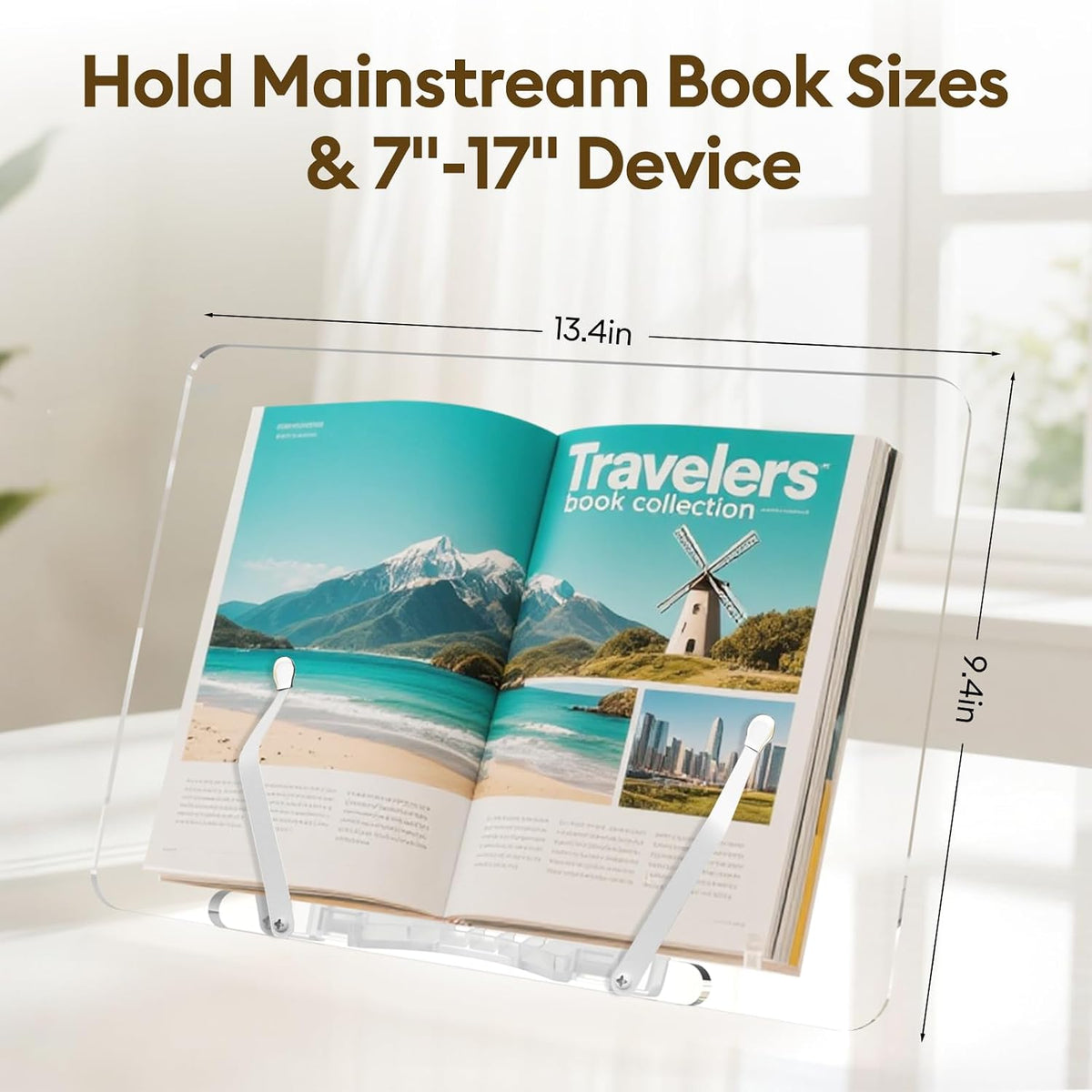 Large Adjustable Acrylic Book Stand, Multifunctional Cookbook Holder & Folding Sheet Music Stand, Desktop Easel with Clipboard for Kitchen, Office, Reading, Anti-Slip Portable Display