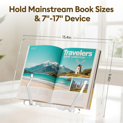 Large Adjustable Acrylic Book Stand, Multifunctional Cookbook Holder & Folding Sheet Music Stand, Desktop Easel with Clipboard for Kitchen, Office, Reading, Anti-Slip Portable Display