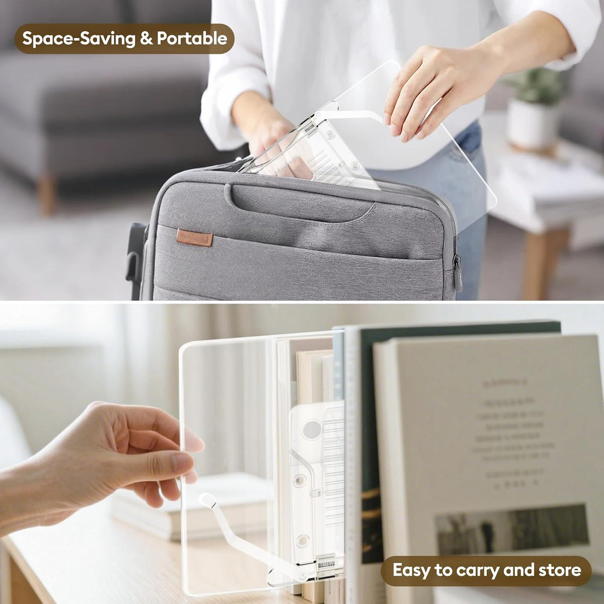 Large Adjustable Acrylic Book Stand, Multifunctional Cookbook Holder & Folding Sheet Music Stand, Desktop Easel with Clipboard for Kitchen, Office, Reading, Anti-Slip Portable Display