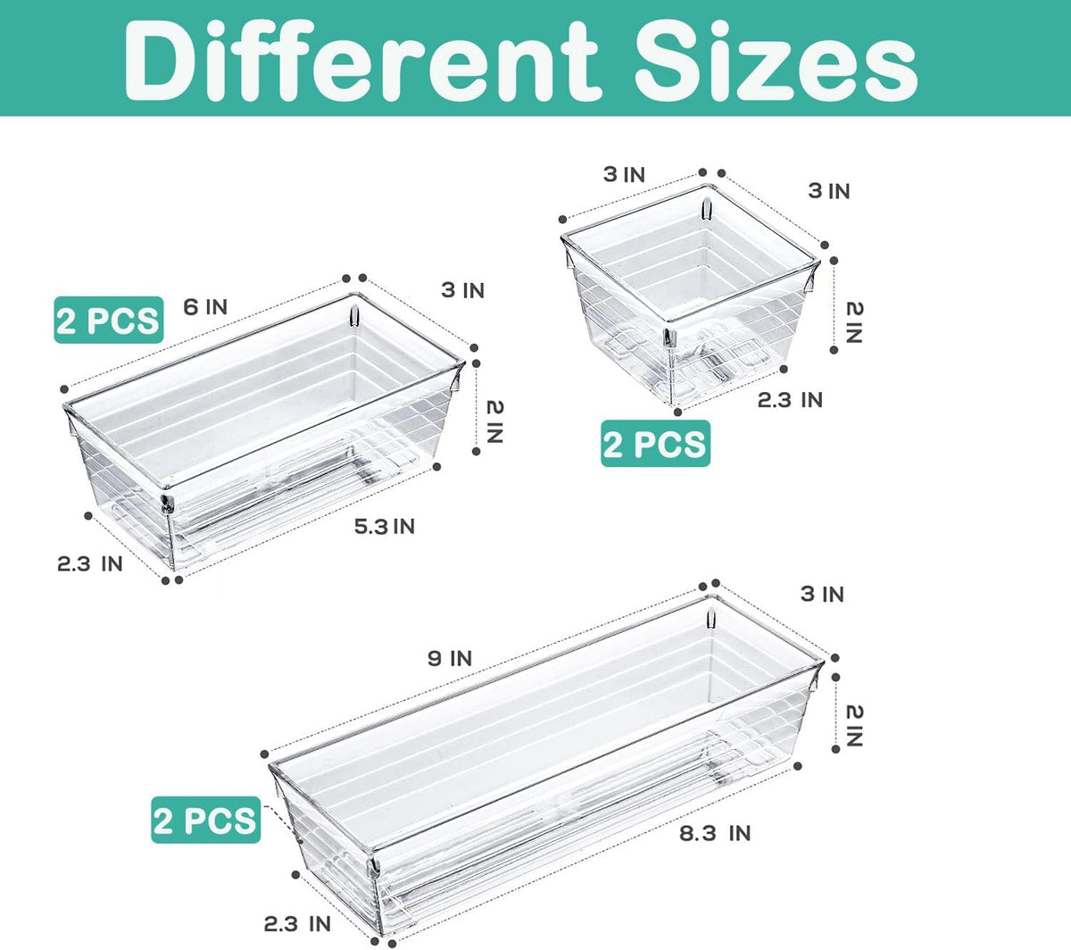 6 Pack Clear Drawer Organizer, Multi-Size Storage Bins