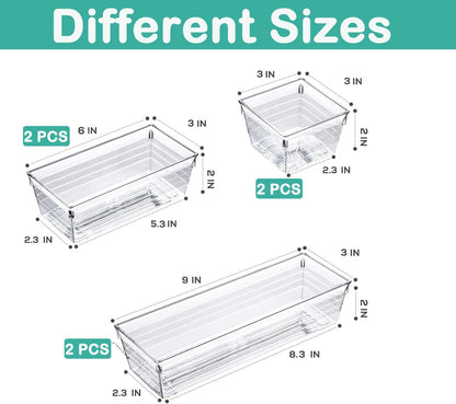 6 Pack Clear Drawer Organizer, Multi-Size Storage Bins