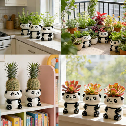 3.3” Mini Panda Ceramic Planter, Adorable Mini Indoor Plant Pot with Drainage Hole, Cute Animal Flower Pot for Succulents, Herbs, Small Desk Plant, Home Office Desk Decor