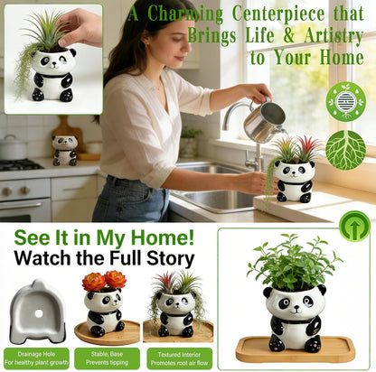 3.3” Mini Panda Ceramic Planter, Adorable Mini Indoor Plant Pot with Drainage Hole, Cute Animal Flower Pot for Succulents, Herbs, Small Desk Plant, Home Office Desk Decor