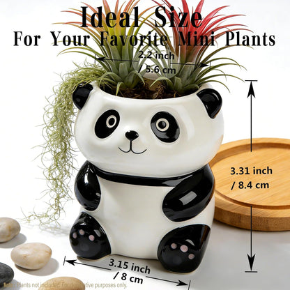 3.3” Mini Panda Ceramic Planter, Adorable Mini Indoor Plant Pot with Drainage Hole, Cute Animal Flower Pot for Succulents, Herbs, Small Desk Plant, Home Office Desk Decor
